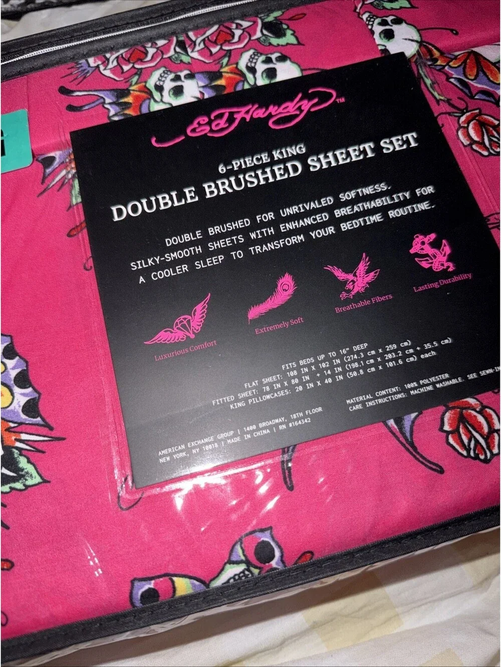 Ed Hardy King 6pc Sheet Set Pink Skull Wings Roses Embossed NWT